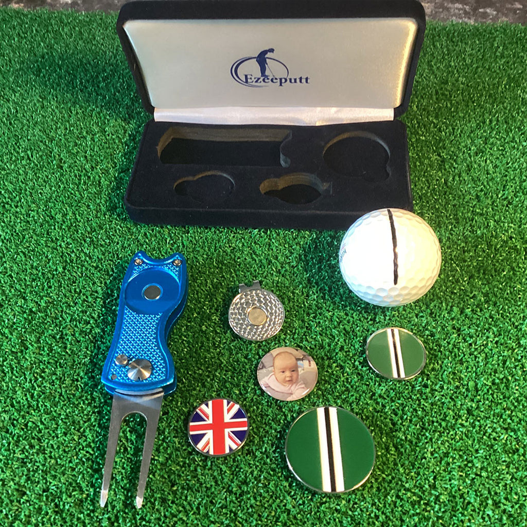 Personalized Golf Divot Repair Tool with Custom Photo Ball Markers - Gift Set