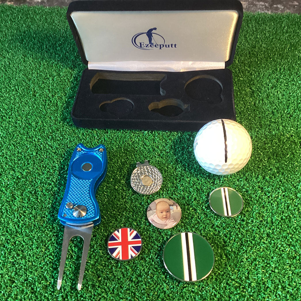 Personalized Golf Divot Repair Tool with Custom Photo Ball Markers - Gift Set